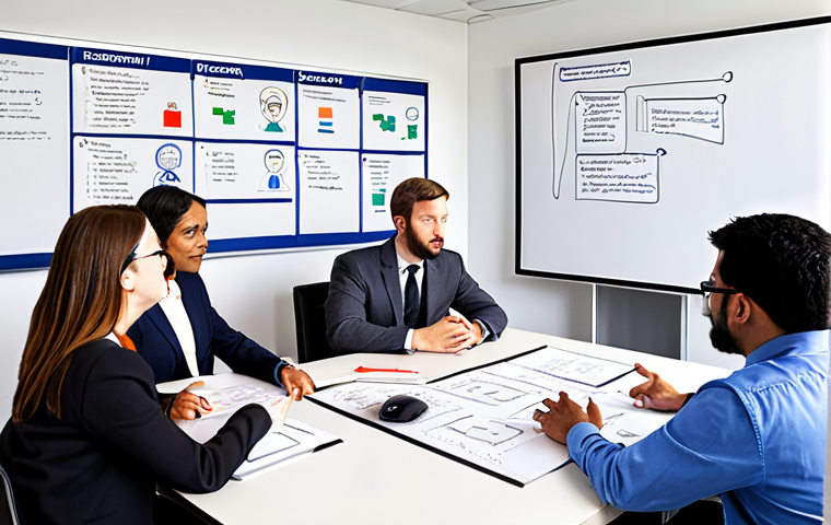 **Prompt:** A diverse group of people (ethicists, lawyers, computer scientists, and citizens) collaboratively working around a table to establish AI governance and regulations, emphasizing a multistakeholder approach. The setting is a modern, bright office with a whiteboard covered in flowcharts and ethical considerations.
