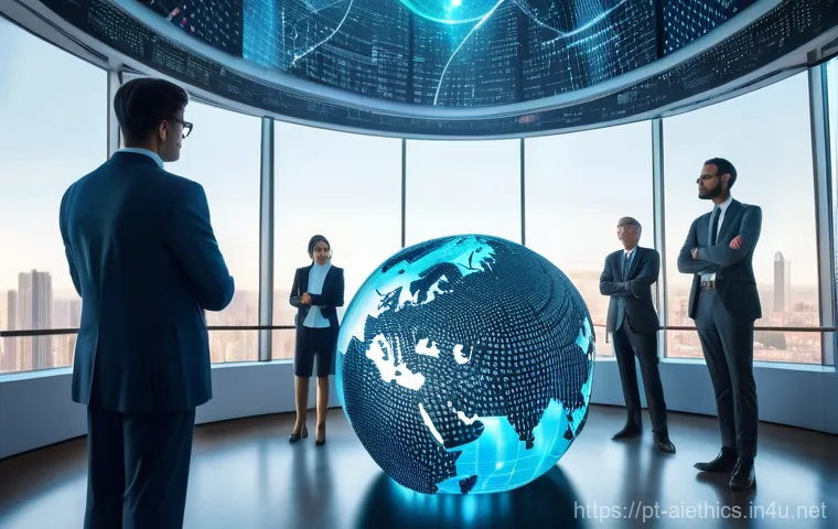 AI 윤리와 AI 윤리 평가 기준 - **Prompt: Global AI Regulation Collaboration**
"A group of diverse individuals, including a youn...