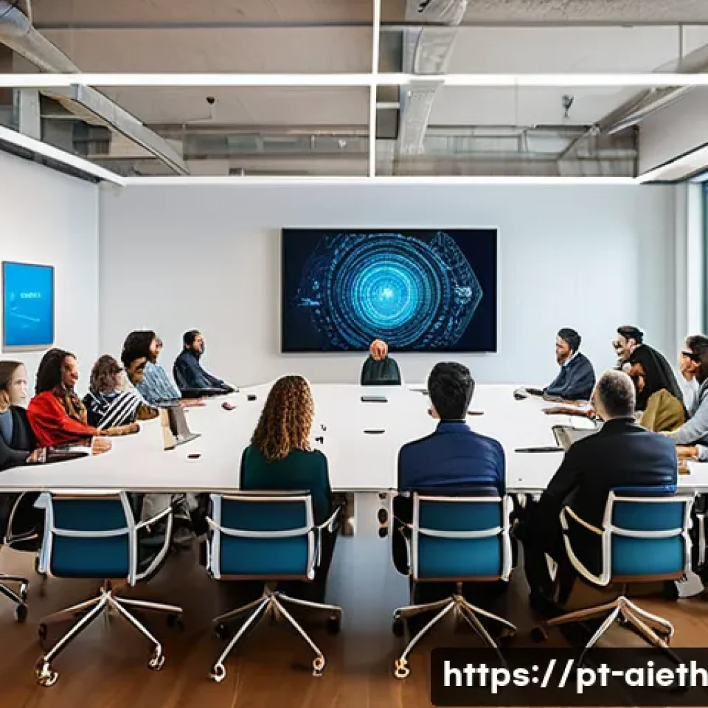 AI 윤리와 AI 투명성 - A diverse group of professionals, including ethicists, sociologists, and technologists, collaboratin...