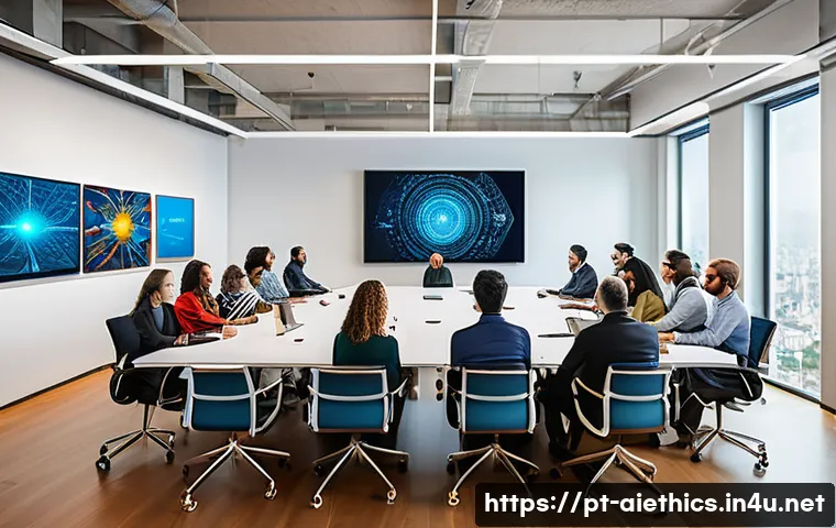 AI 윤리와 AI 투명성 - A diverse group of professionals, including ethicists, sociologists, and technologists, collaboratin...