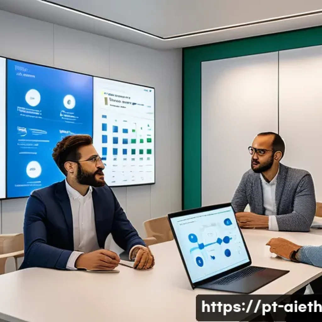 AI 윤리와 AI 윤리적 AI 산업 규제 - A modern corporate office scene in Lisbon, Portugal, showing a diverse team of professionals engaged...