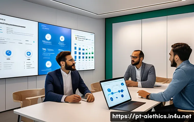 AI 윤리와 AI 윤리적 AI 산업 규제 - A modern corporate office scene in Lisbon, Portugal, showing a diverse team of professionals engaged...