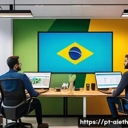 AI 윤리 가이드라인 - A modern Brazilian tech office environment showing a diverse team of software developers and ethicis...
