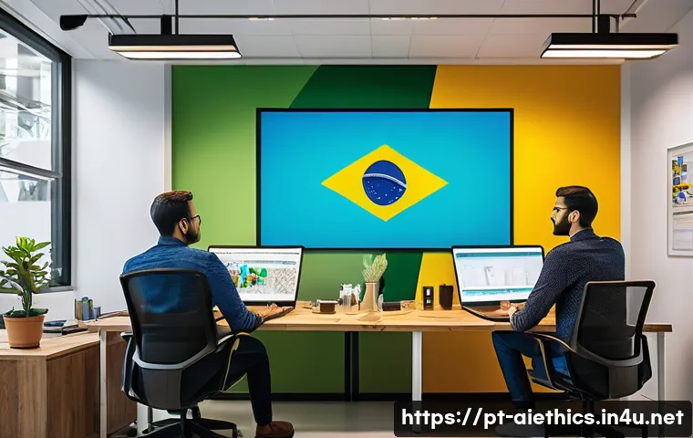 AI 윤리 가이드라인 - A modern Brazilian tech office environment showing a diverse team of software developers and ethicis...