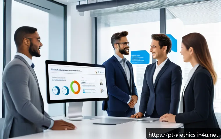AI 윤리와 AI 채용 시스템 - A modern office scene depicting a diverse group of professional recruiters and candidates interactin...