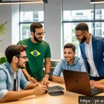 AI 윤리와 AI 윤리 코드 - A diverse team of Brazilian software developers collaborating in a modern office environment, featur...