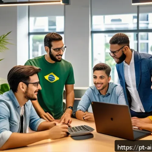 AI 윤리와 AI 윤리 코드 - A diverse team of Brazilian software developers collaborating in a modern office environment, featur...