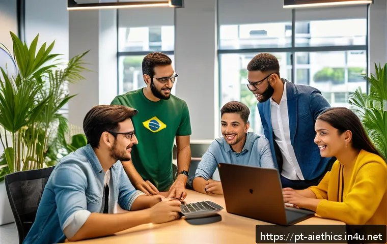 AI 윤리와 AI 윤리 코드 - A diverse team of Brazilian software developers collaborating in a modern office environment, featur...