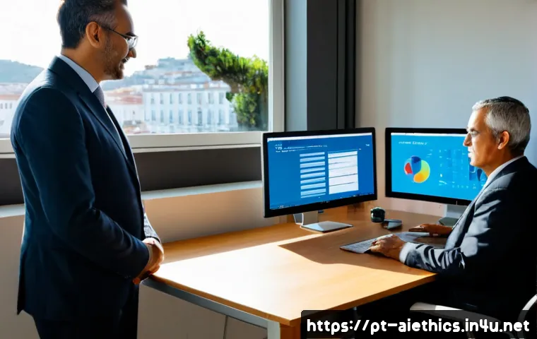 Home 17 AI 윤리와 자동화 윤리 - Photorealistic ethical AI workplace scene in a modern Portuguese office, diverse team including an o...